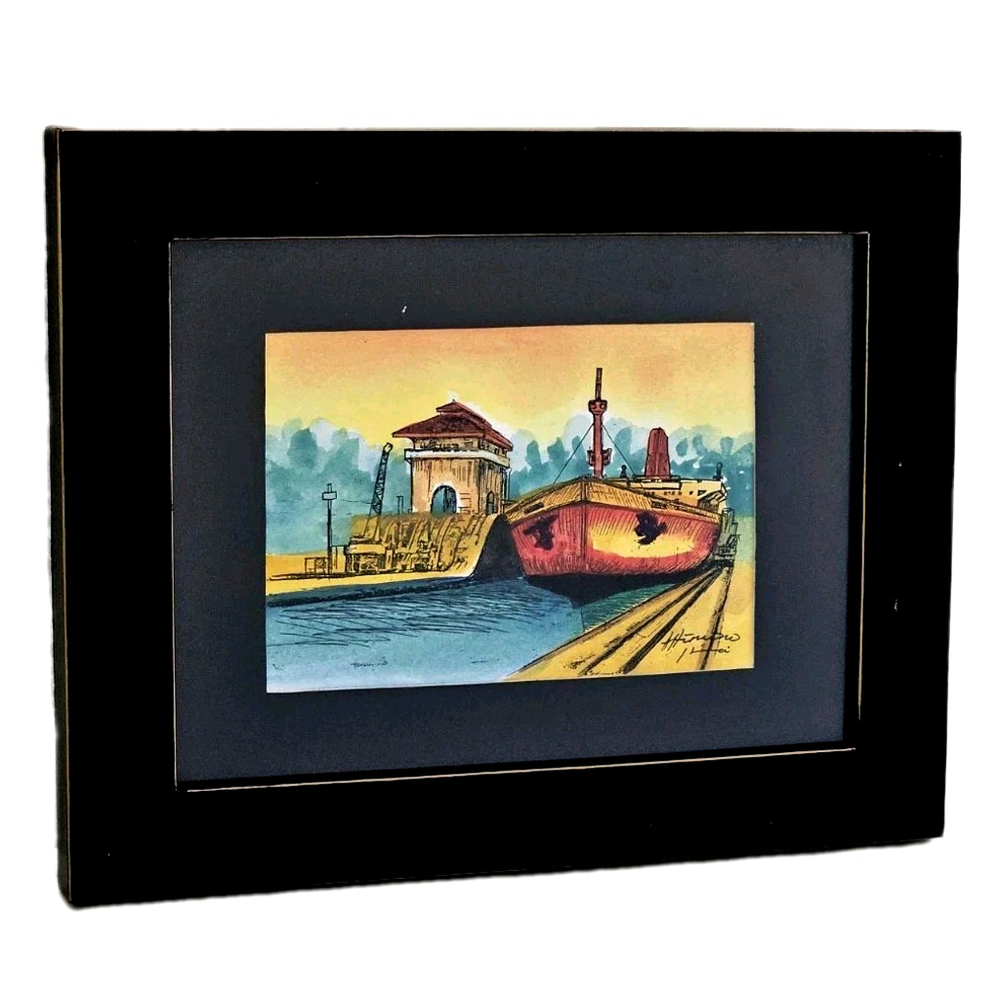Framed Nautical Watercolor and Ink Maritime Scene Signed A Herrero Wall Art